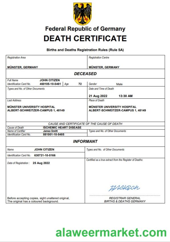 Germany death certificate Word and PDF template